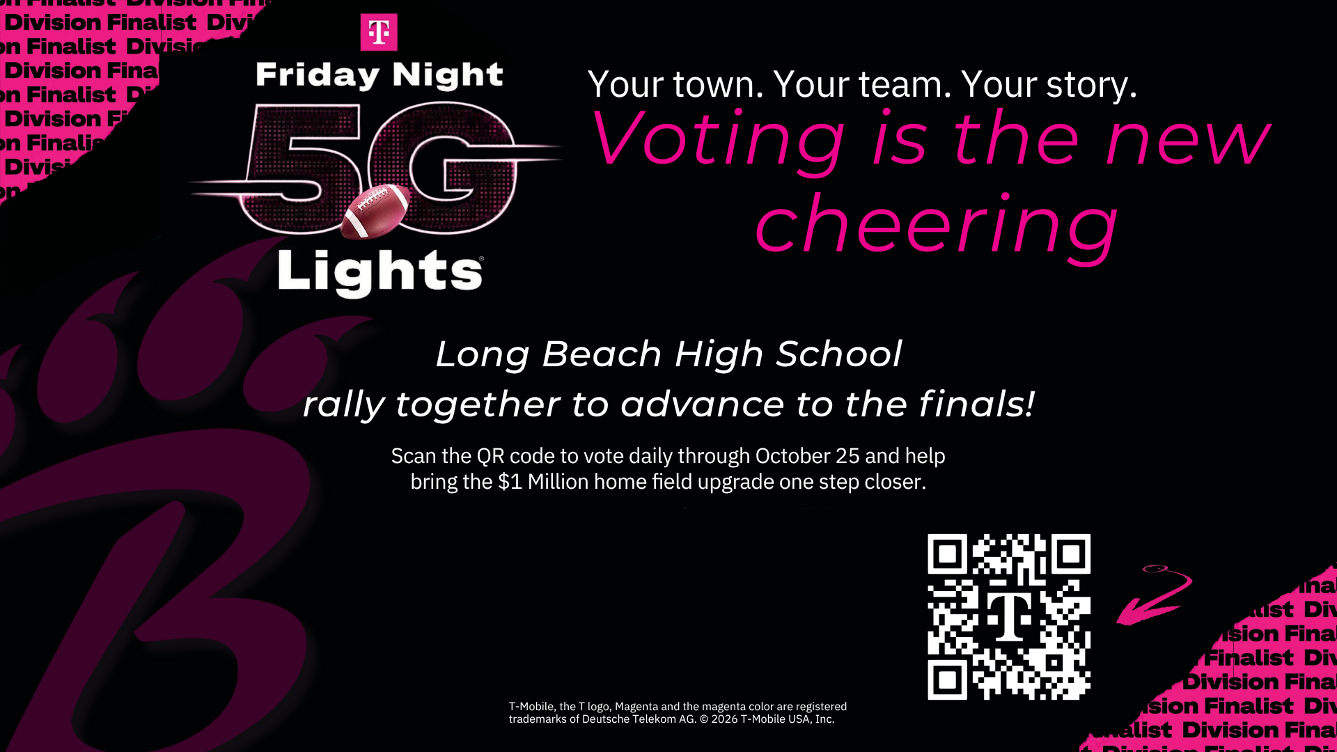 T-Mobile Friday Night 5G Lights graphic announcing Long Beach High School as a Division Finalist. The black-and-magenta design reads “Our hometown. Our team. Our moment.” and encourages the community to vote daily October 8–25. The graphic highlights a chance to win $250,000, a Gronk Fitness weight room makeover, a $5,000 Big Deal Student Leadership Award, and advancement toward a $1 million home-field upgrade and tailgate party. A QR code and FridayNight5GLights.com are provided for voting.